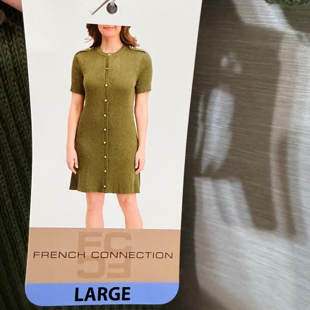 French Connection Olive Green Ribbed Military Sweater Dress Gold Button Mini L - Picture 5 of 8
